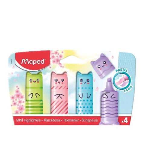 MAPED EVIDENZIATORE MINI PASTEL POCKET PUNTA A SCALPELLO 5/7 mm COLORI ASSORTITI CONF 4 Pz.